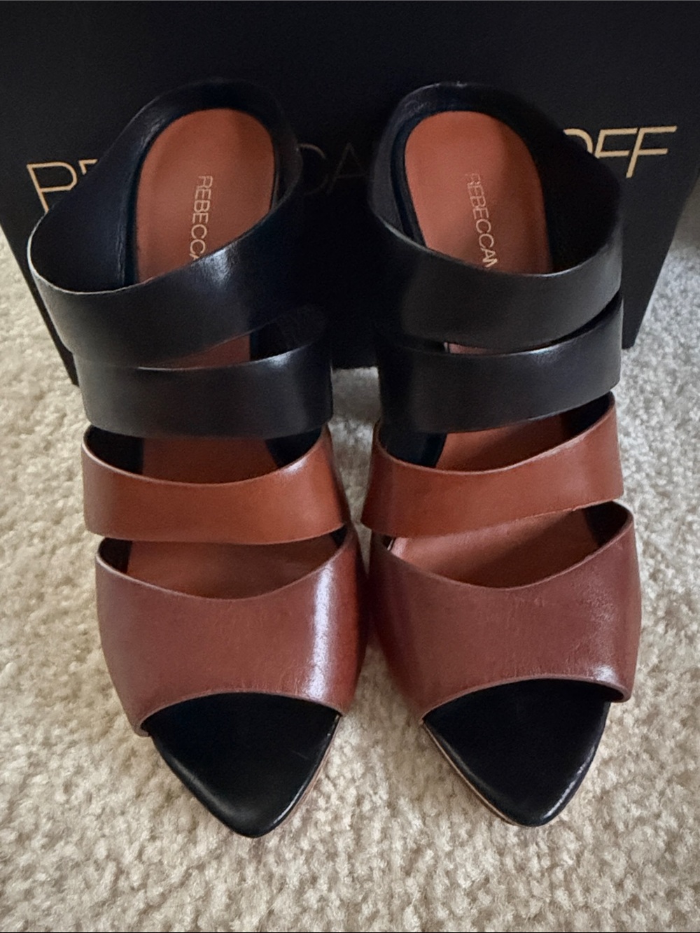 Rebecca Minkoff Two-Tone Black and Brown Strappy Heeled Sandals